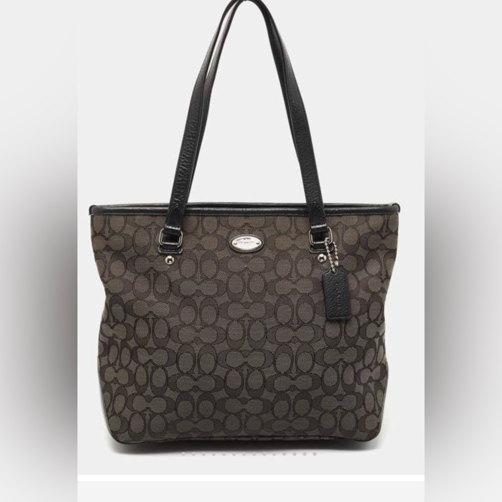 Coach Black Signature Canvas Zip Top Tote Silver Hardware